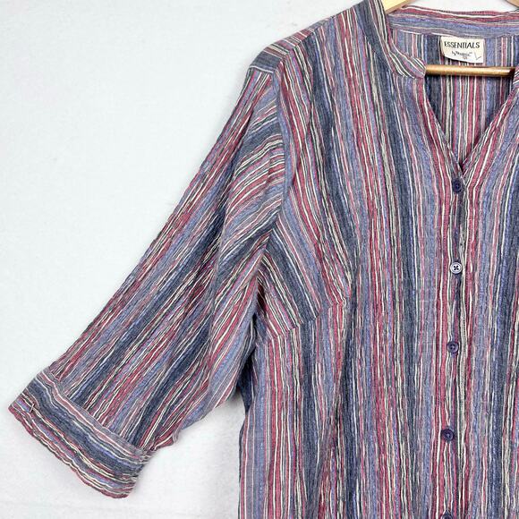 Essentials 18/20 Striped Button Down Blouse Crinkle Gauzy 3/4 Sleeve Coastal - Picture 4 of 8